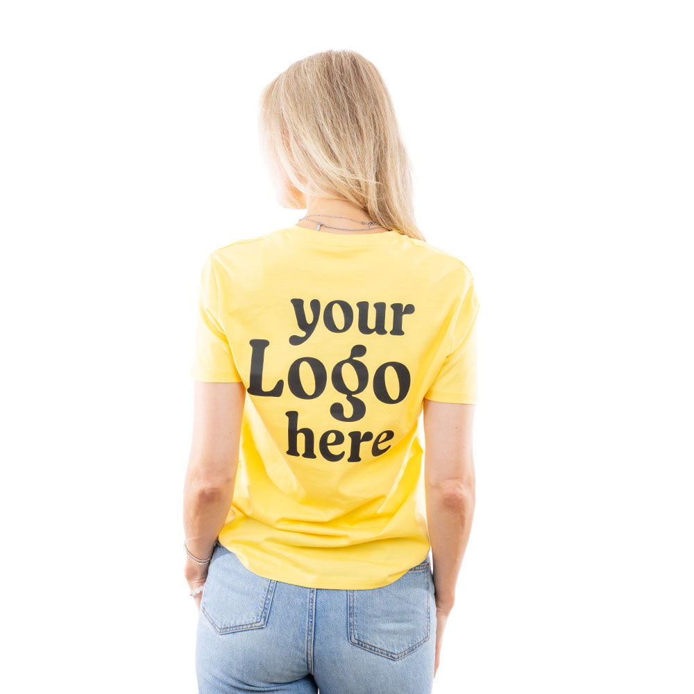 A woman in a Yellow Expo T-Shirt from behind.