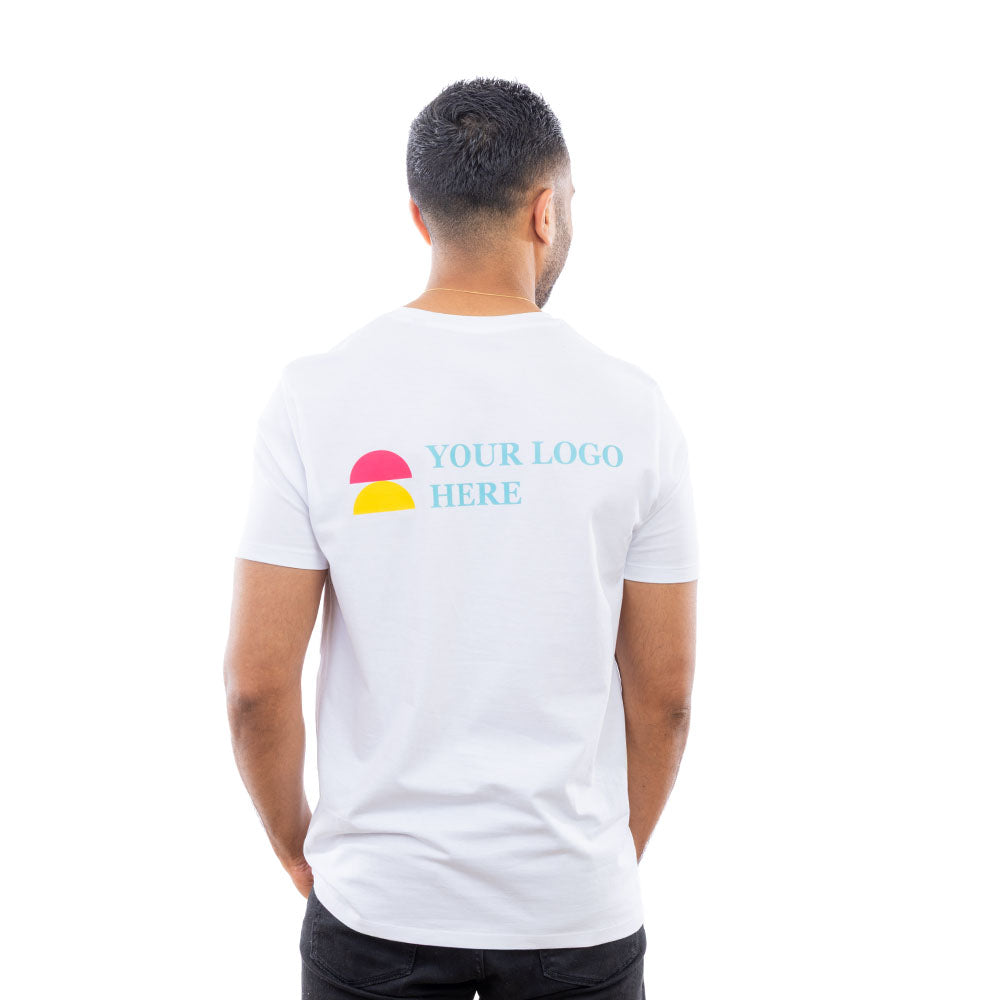 A man in a White Expo T-Shirt from behind.