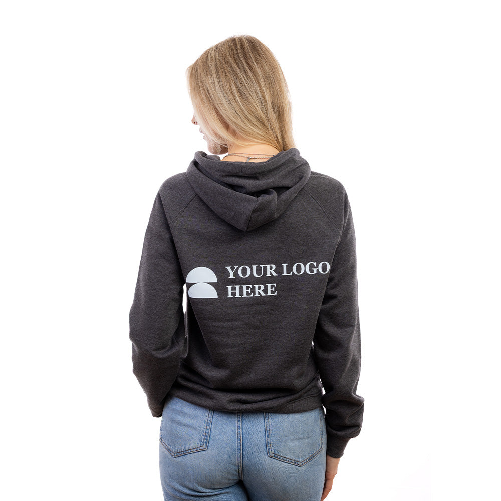 A woman in a grey Expo Hoodie from behind.