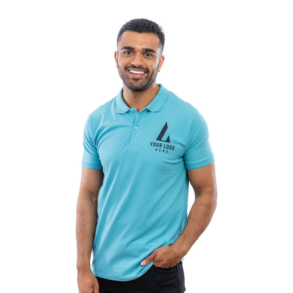 Man in an aqua EXPO polo shirt.