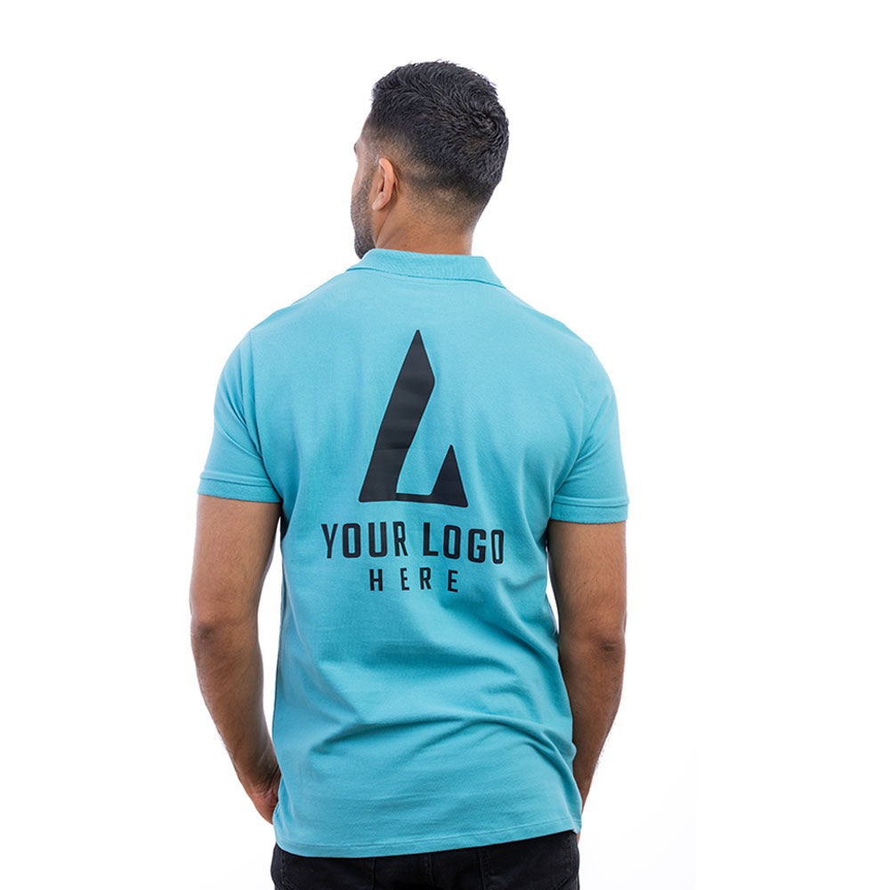 A man in an aqua EXPO polo shirt from behind.