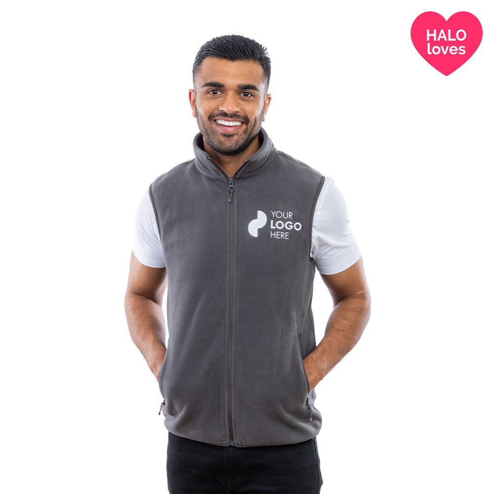 A man in a charcoal Halo Fleece Gilet.