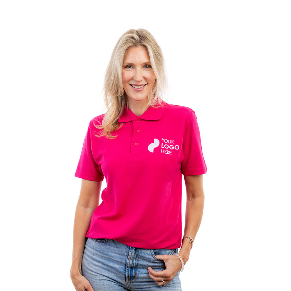 A woman in a fuchsia HALO polo shirt.