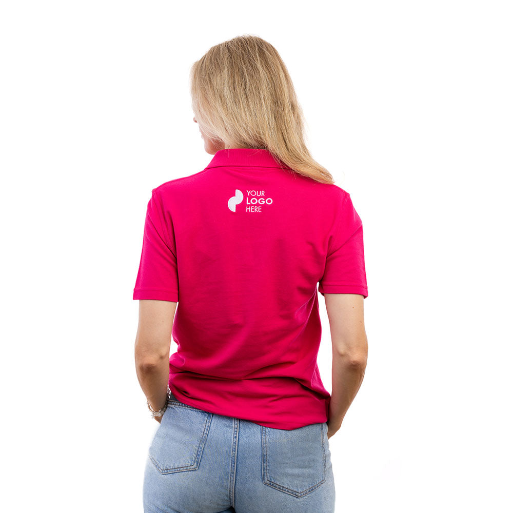A woman in a fuchsia HALO polo shirt from behind.