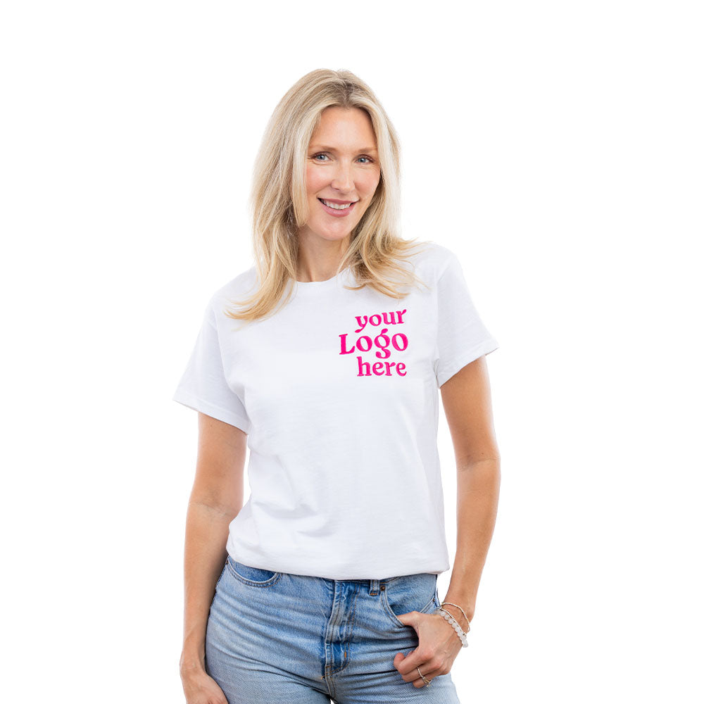 A woman in a White Halo T-Shirt.