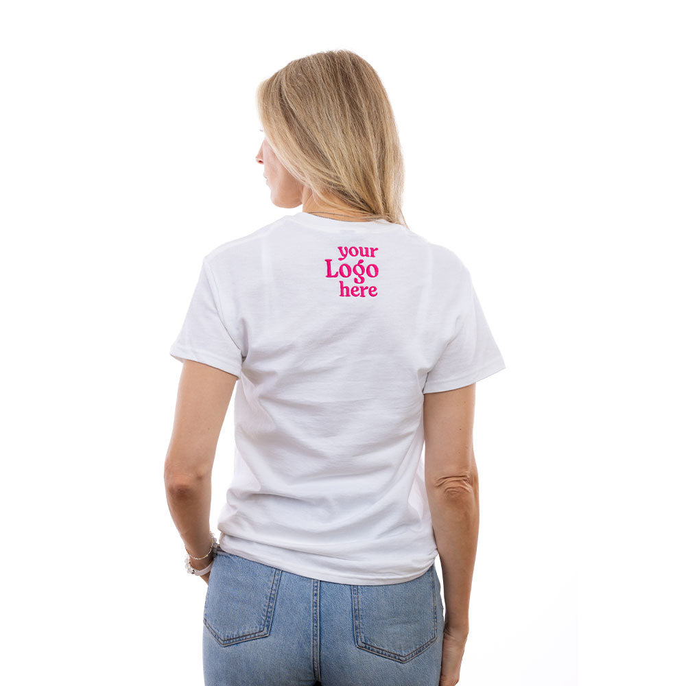 A woman in a White Halo T-Shirt from behind.