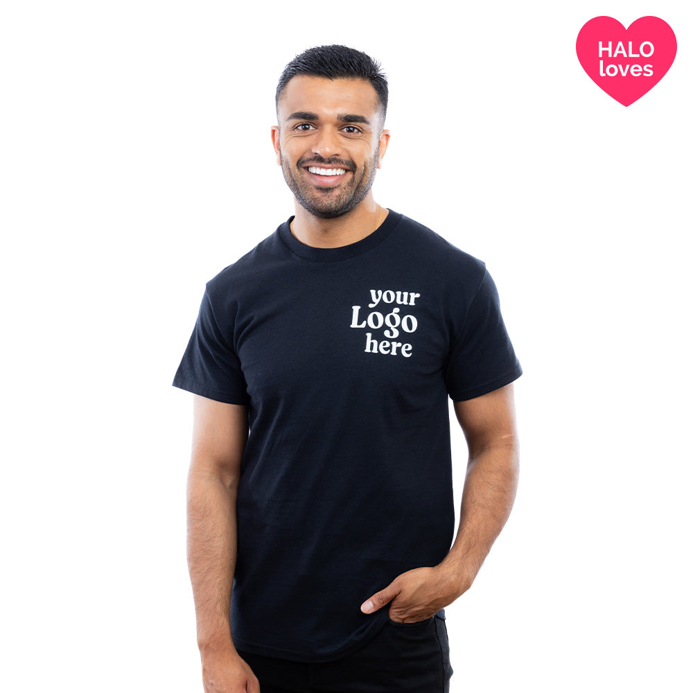 A man in a Black Halo T-Shirt.