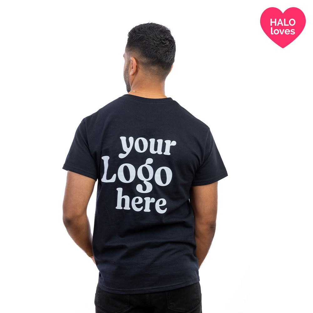 A man in a Black Halo T-Shirt from behind.