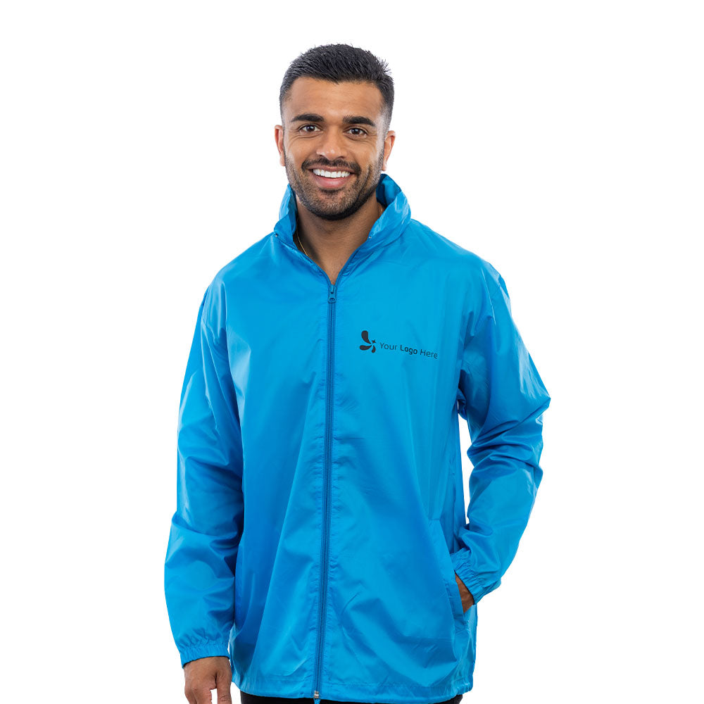 A man wearing an aqua Halo Rain Jacket.