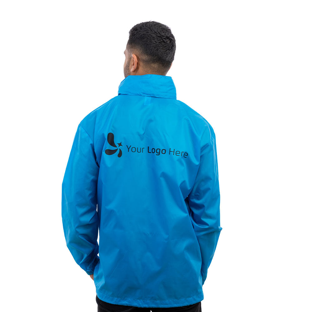 A man wearing an aqua Halo Rain Jacket from behind.
