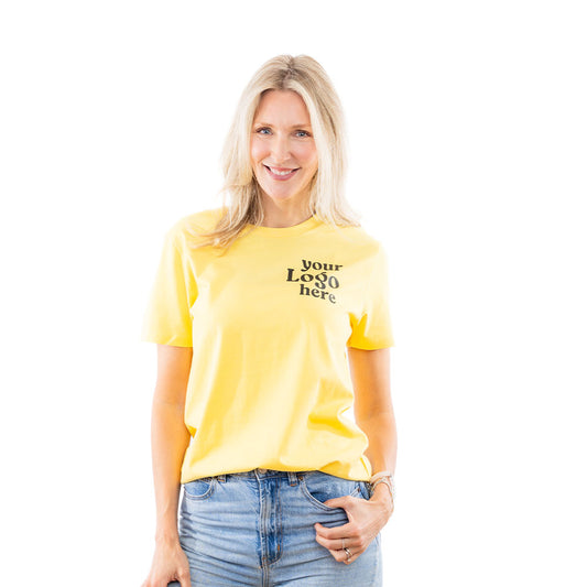 A woman in a Yellow Expo T-Shirt.