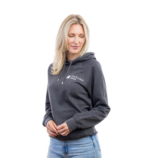 A woman in a grey Expo Hoodie.