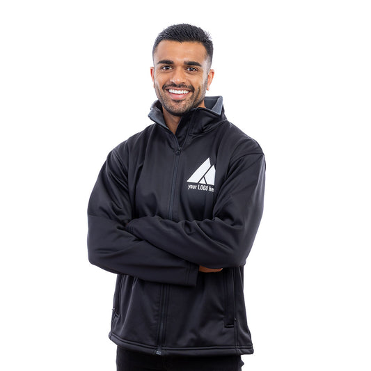 A man wearing a black EXPO softshell jacket.
