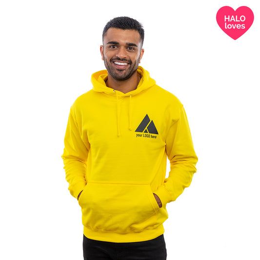 A man in a Sun Yellow Halo Hoodie.
