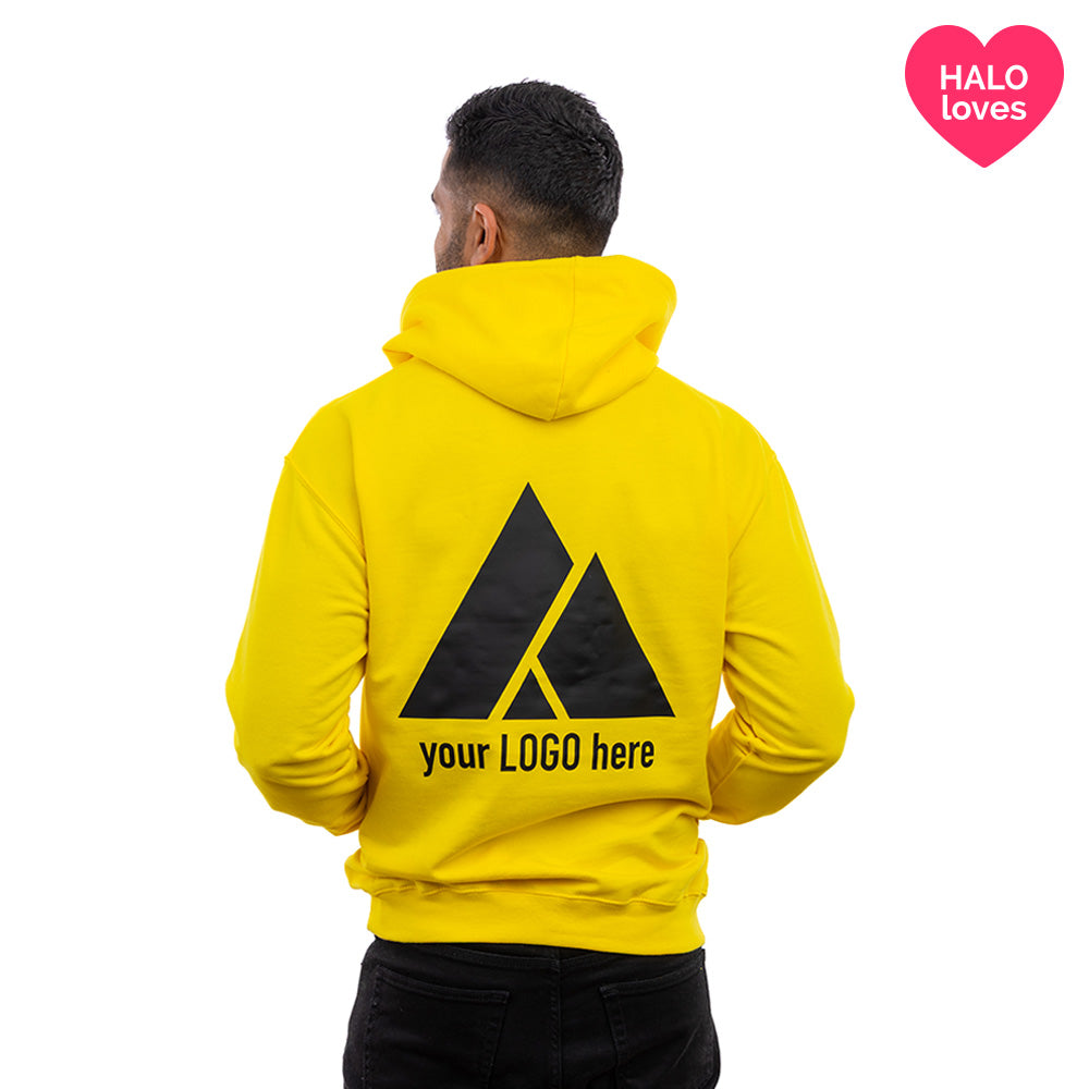 A man in a Sun Yellow Halo Hoodie from behind.