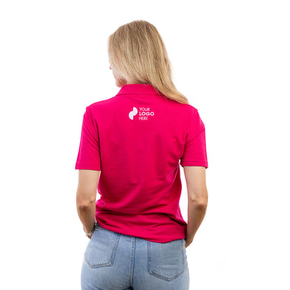 A woman in a fuchsia HALO polo shirt from behind.